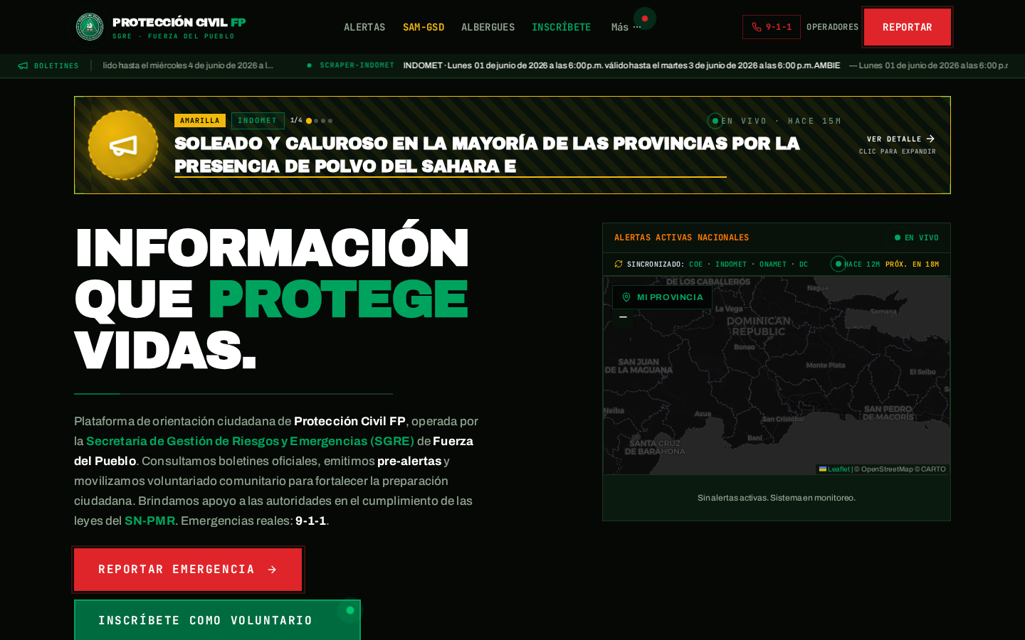 Pantalla principal de Protección Civil FP